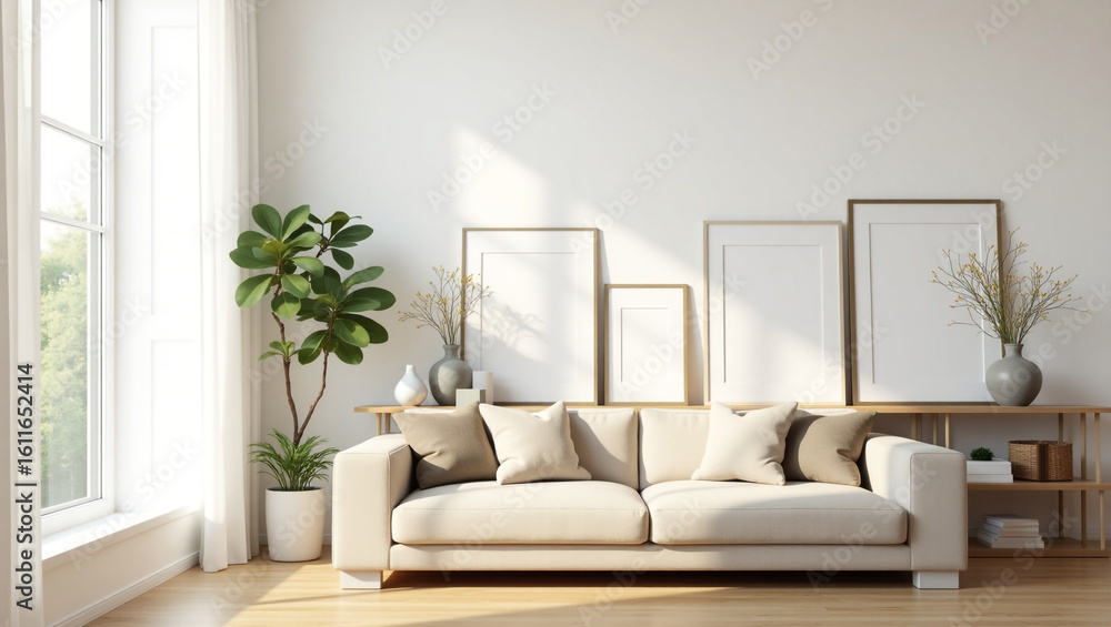 Naklejka premium A Serene and Airy Light Living Room Interior with a Welcoming Atmosphere for Relaxation