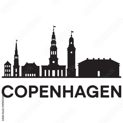 Vector Copenhagen skyline. Travel Copenhagen famous landmarks. Business and tourism concept for presentation, banner, web site. Vector black silhouette. with white background