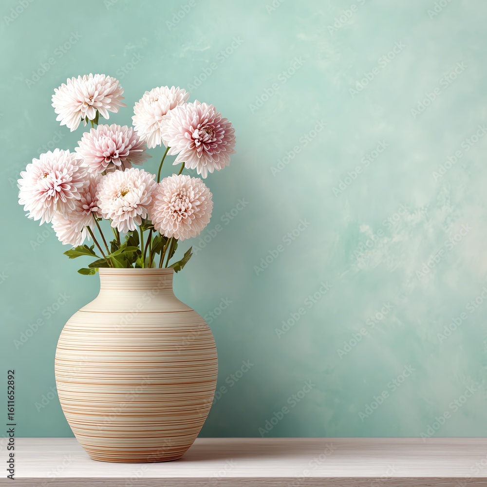 Fototapeta premium Floral Serenity: A delicate bouquet of blush-colored blossoms graces a ceramic vase, standing gracefully on a light surface against a pastel backdrop.