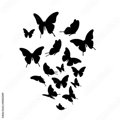 A cluster of black silhouette butterflies in flight, against a white background.