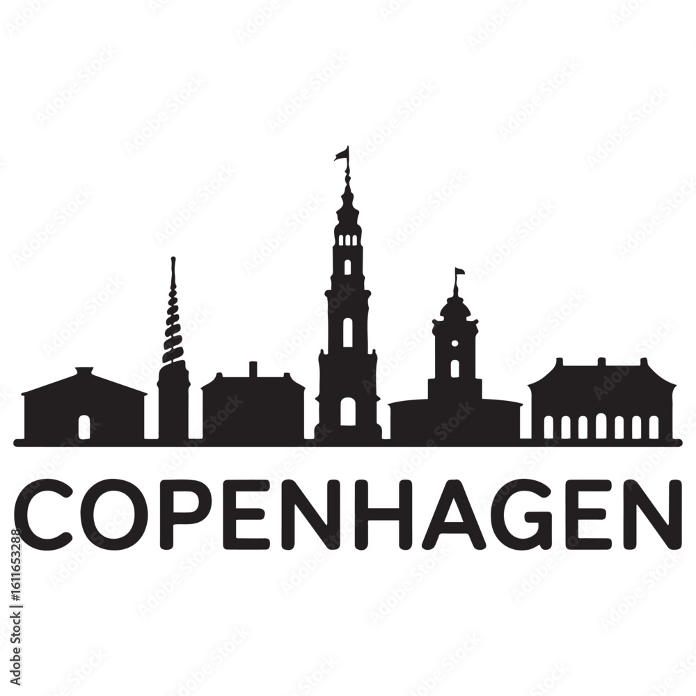 Fototapeta premium Vector Copenhagen skyline. Travel Copenhagen famous landmarks. Business and tourism concept for presentation, banner, web site. Vector black silhouette. with white background