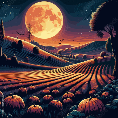 Enchanting autumn landscape with pumpkins and a full moon in a starry night sky