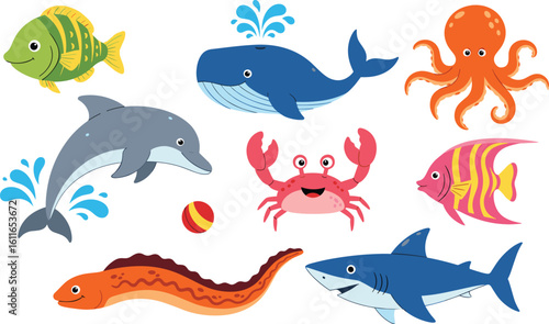 Cartoon sea animal vector pack—whale, dolphin, shark, octopus, fish, crab, eel and squid in colorful style for children’s ocean media