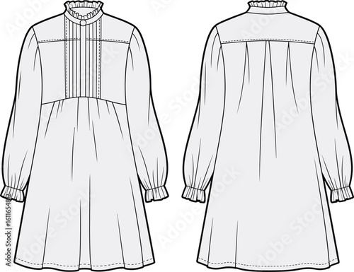 Dress mockup with ruffled collar and pleated bodice—front and back view template for fashion catalog, clothing illustration, and garment design resources