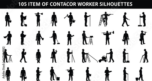 Construction worker silhouettes, contractor labor icons, industrial job figures, builder poses, handyman symbols, safety gear workers, tradesman tools, repair staff, labor workforce illustration set