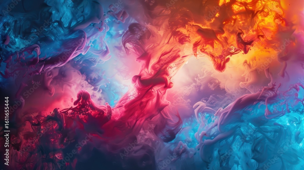 Obraz premium Abstract swirling vibrant blue, red, and orange colors resembling smoke or ink underwater, creating a dynamic, contrasting composition