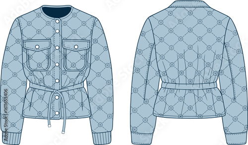 Quilted jacket front and back view vector—fashion flat sketch with belt, button detail, circular pattern, ribbed cuffs, and chest pockets