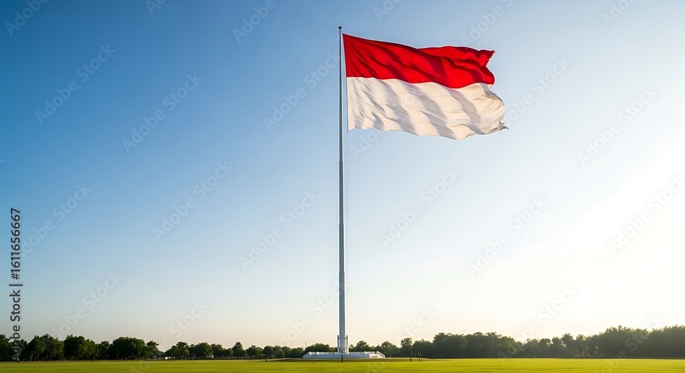 Fototapeta premium Indonesian Flag Flying High Against Clear Blue Sky at Daytime