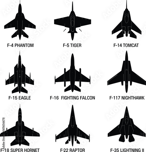 Silhouettes of nine iconic fighter jets in grid layout—aviation vector illustration for aircraft history, military designs, and stock graphics