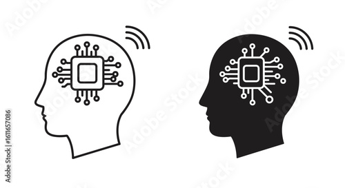 Human head silhouette with microchip brain and wireless signals