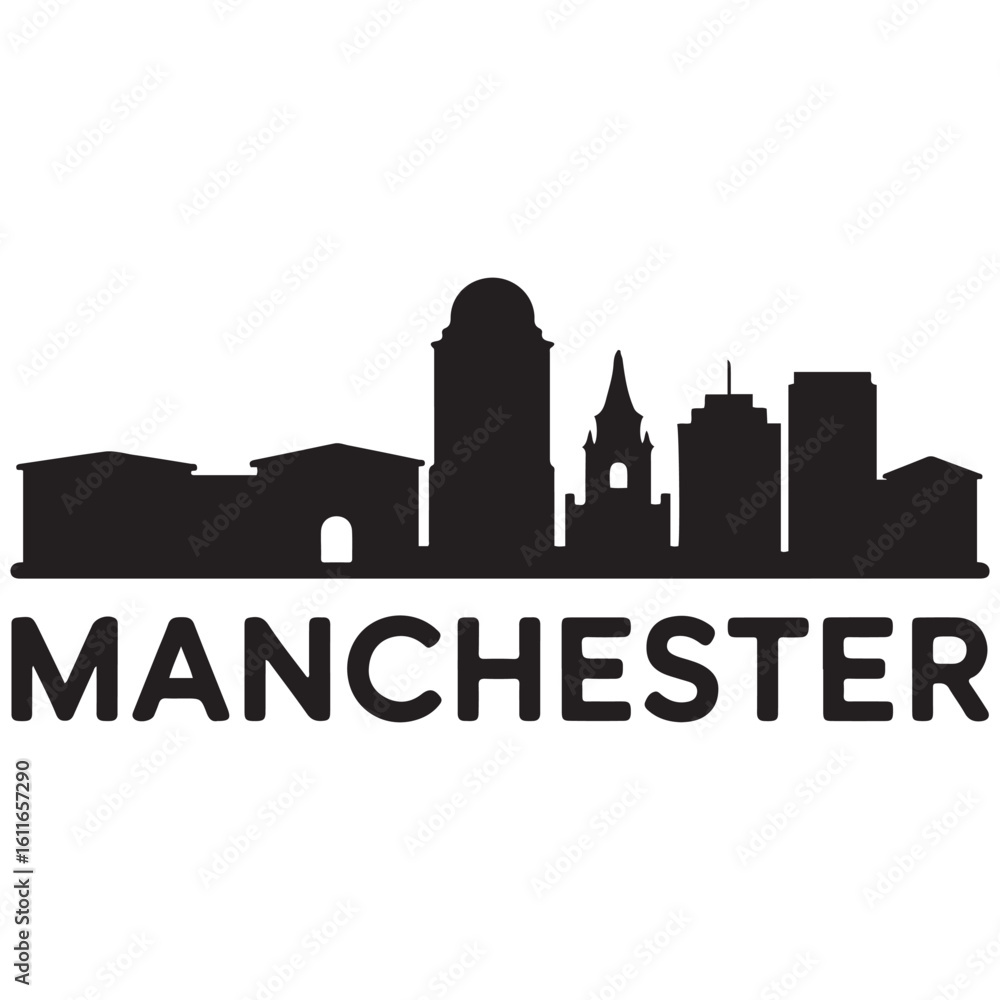 Fototapeta premium Manchester skyline horizontal banner. Manchester, New Hampshire. Vector template for your design. Vector black silhouette. with white background