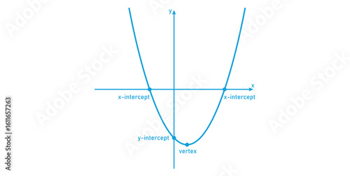 U-shaped Curve. Graph of a Quadratic Equation. The Intercepts and Vertex of a Parabola in Mathematics.