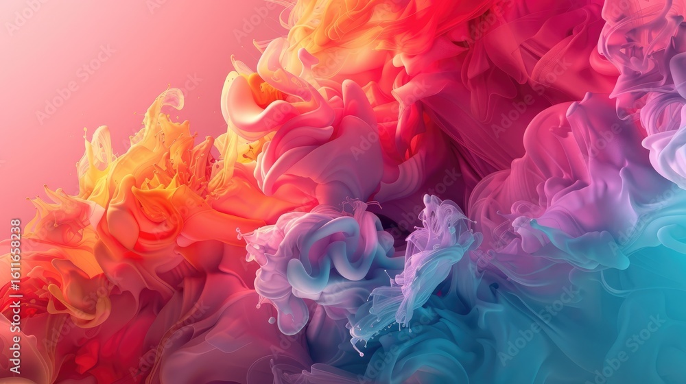 Fototapeta premium Abstract swirling vibrant hues of pink, orange, and blue paint or ink create a dynamic, colorful, and textured cloud-like form