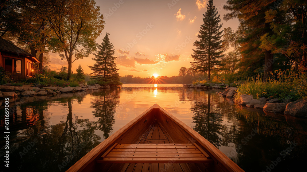 Fototapeta premium Serene Lakeview at Sunset From a Boat Among Landscaped Nature 