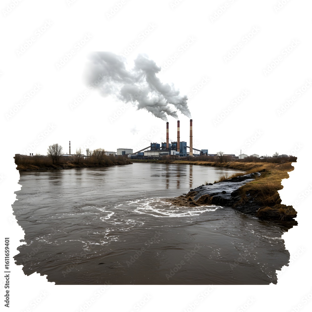 Fototapeta premium An industrial plant spewing smoke into the atmosphere, polluting a river 