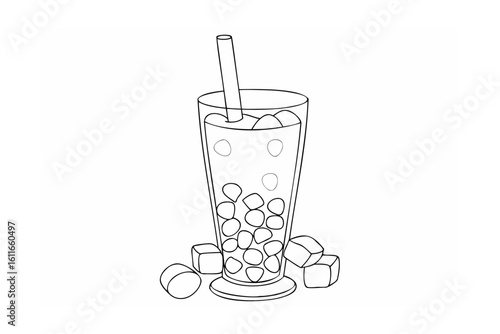 Tall glass beverage with ice cubes and straw drink
