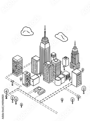 Minimilist isometric cityscape illustration showing buildings trees and clouds in a monochrome line drawing style vector