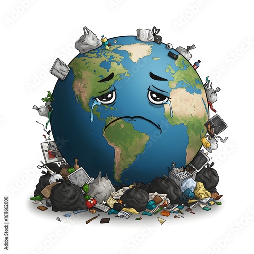 A sad earth overwhelmed by pollution, symbolizing environmental destruction and the need for conservation. The illustration shows a world covered in trash with tears running down its face