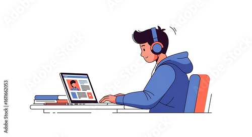 Young man wearing headphones learning online using laptop on desk