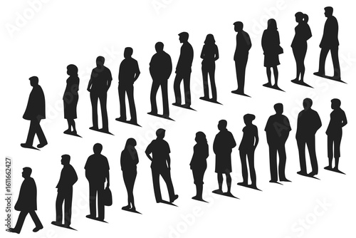 Silhouettes of people standing and walking in a group