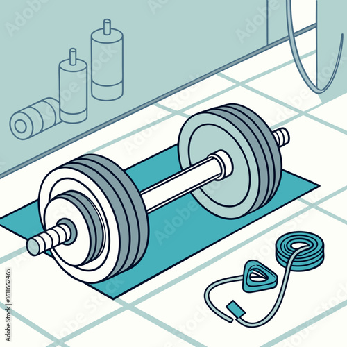 Home Gym Equipment with Barbell and Jump Rope – Fitness Vector Illustration