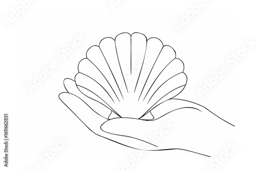 Hand holding scallop shell ocean