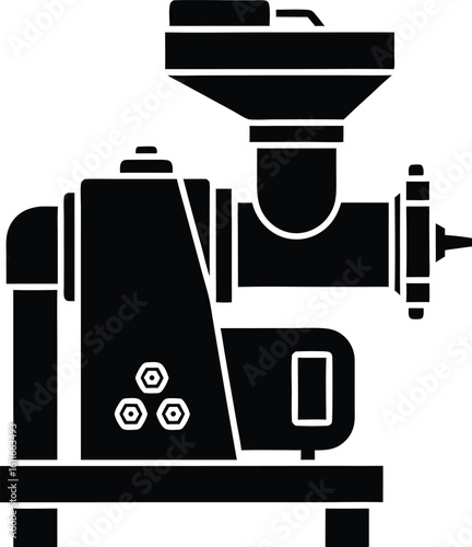 Black and white vector illustration of a meat grinder industrial processing equipment