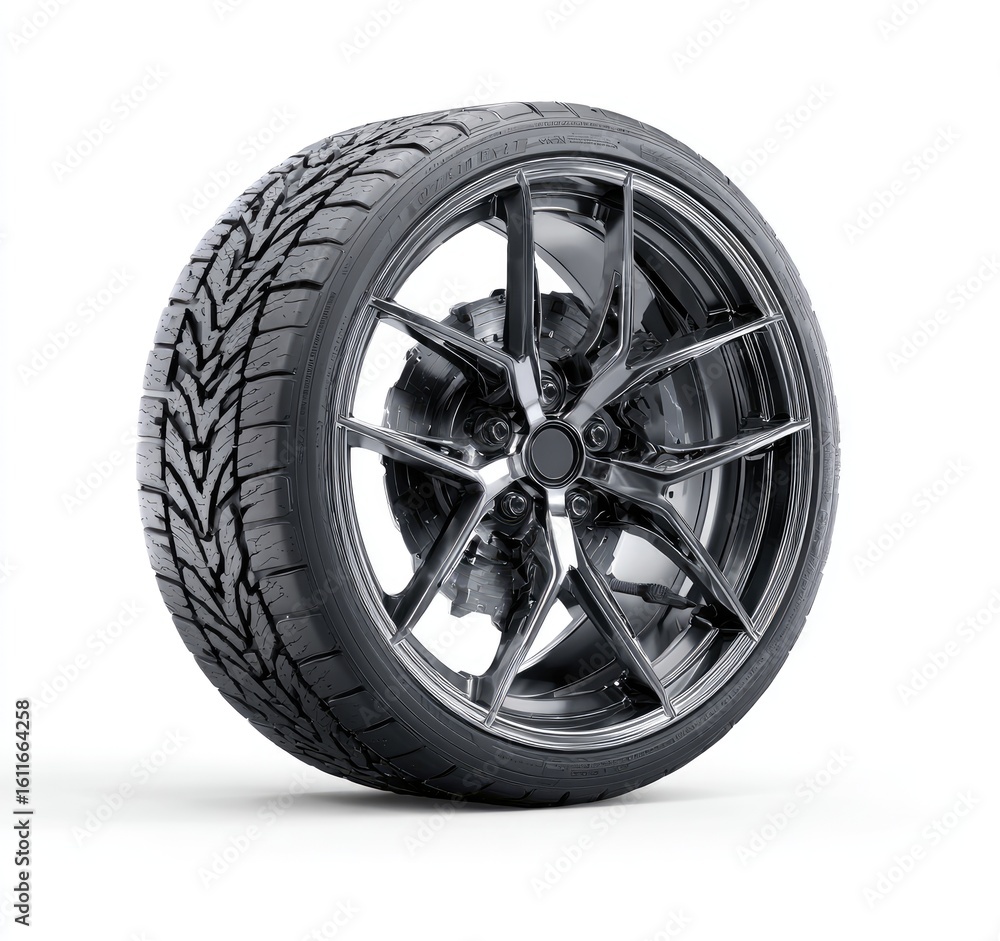 Obraz premium A dark-grey, multi-spoke alloy wheel fitted with a performance tire, angled slightly, isolated on a white background