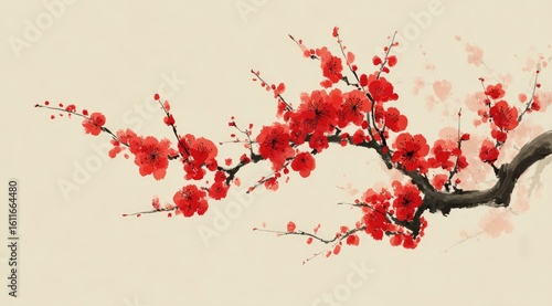 A delicate, stylized painting of a blossoming branch with vibrant red flowers and dark branches against a muted beige background, rendered in a loose, painterly style suggestive of East Asian art