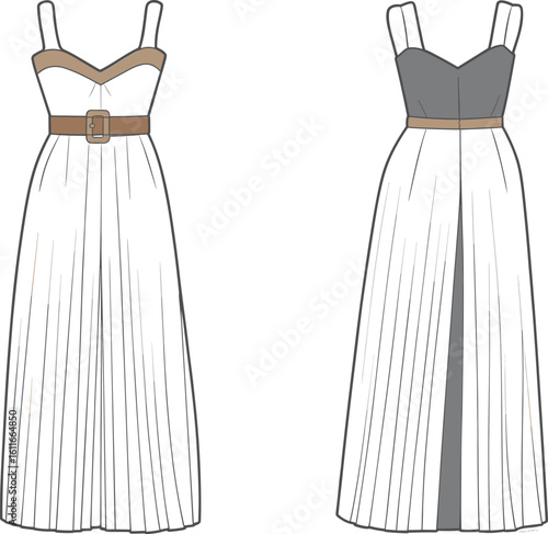 Long dress fashion flat sketch with bodice straps, belt detail, vertical panels, and dual color variations—front view garment illustration vector