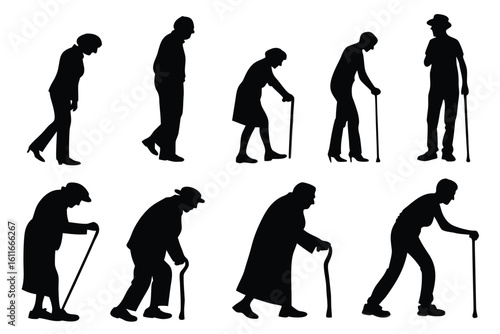 Silhouettes of elderly people walking with canes representing aging and support