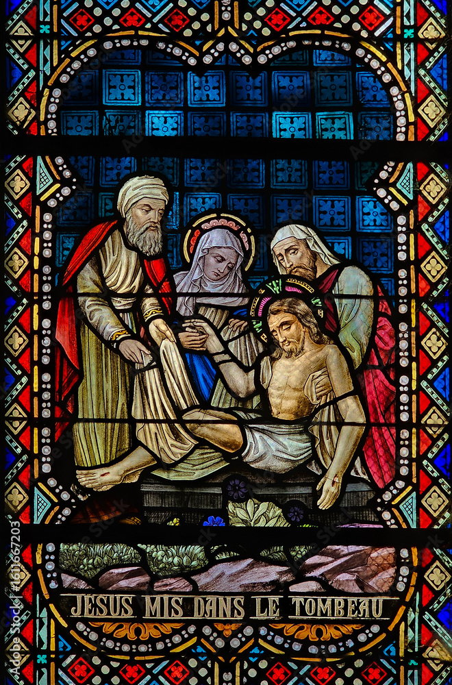 Fototapeta premium Stained Glass – Jesus Laid in the Tomb, Rochefort Church, Belgium