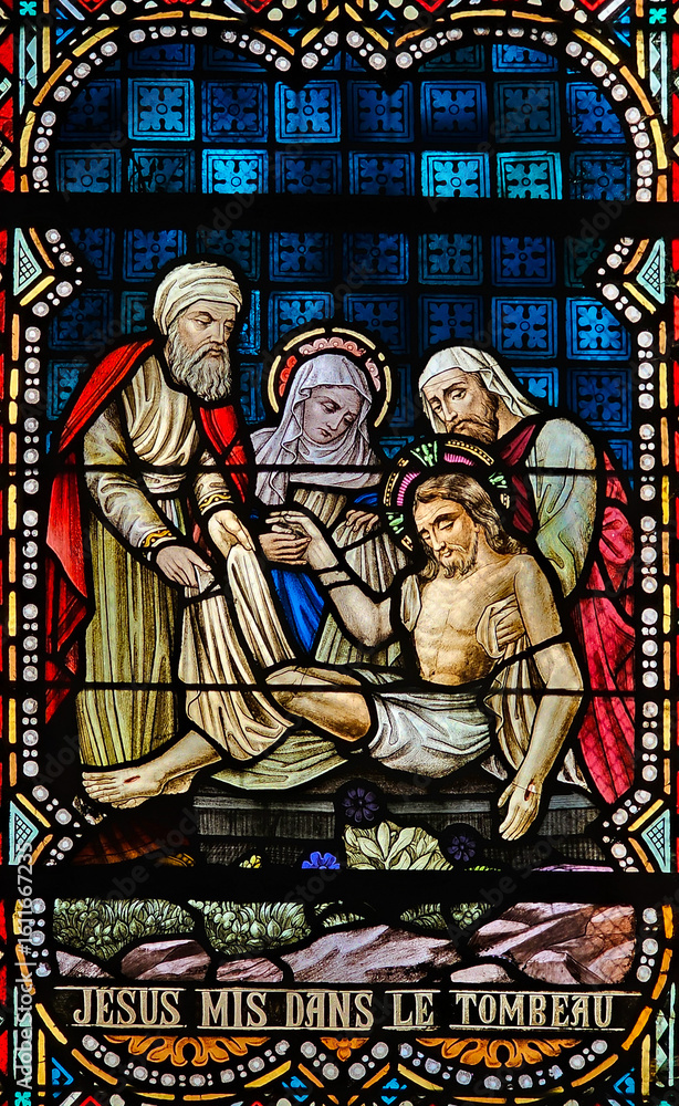 Obraz premium Stained Glass – Jesus Laid in the Tomb, Rochefort Church, Belgium