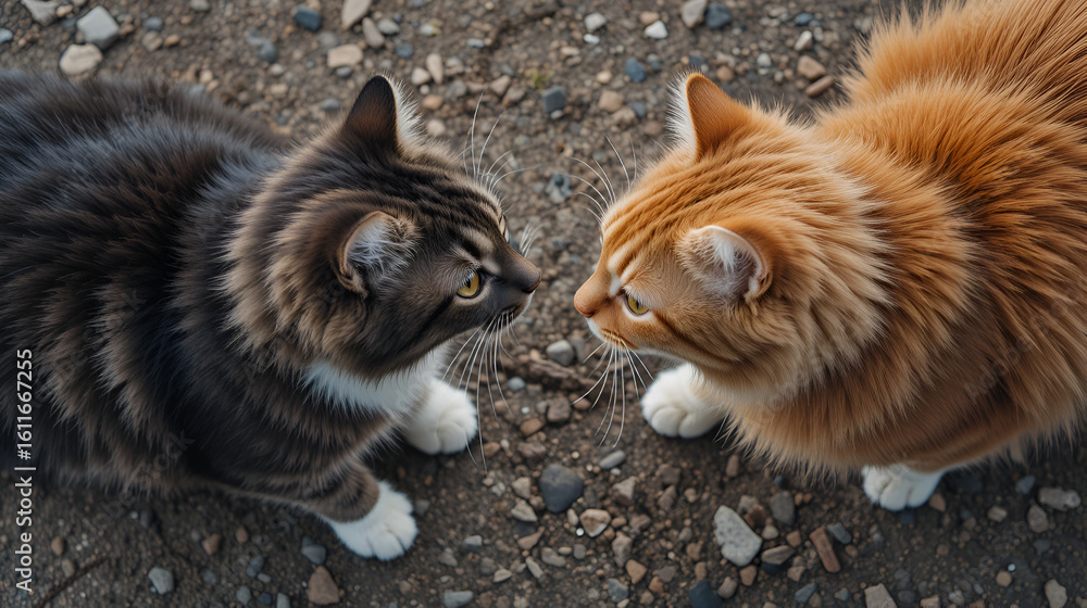 Fototapeta premium Aerial View of Two Cats Facing Off: Majestic Drone Photography