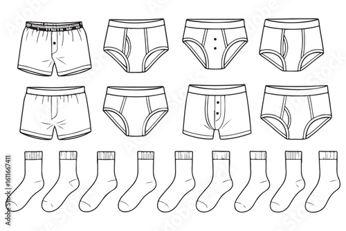 simple line drawings of boxer shorts, briefs, and socks, perfect for fashion illustrations and clothing designs.