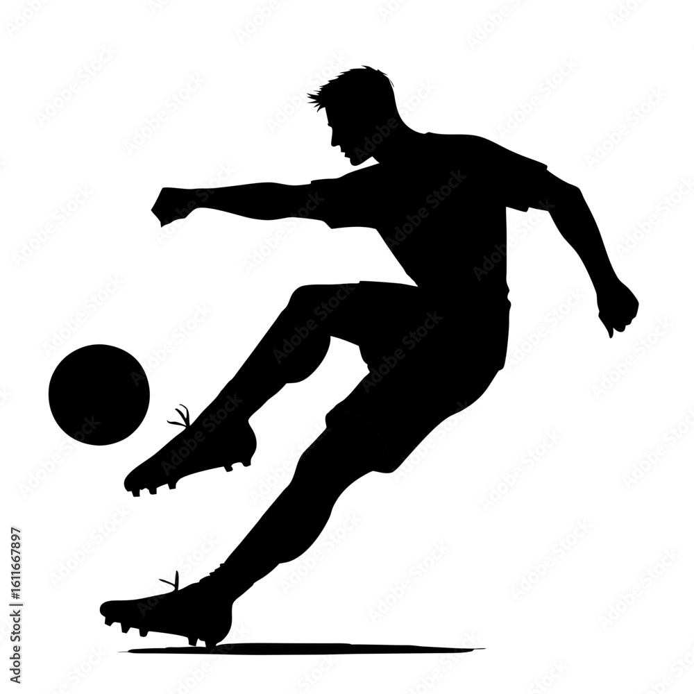 Obraz premium Silhouette soccer player kicks ball in powerful shot, isolated on pure white backdrop. Soccer player executing kick with dynamic pose, showcasing sport skill.