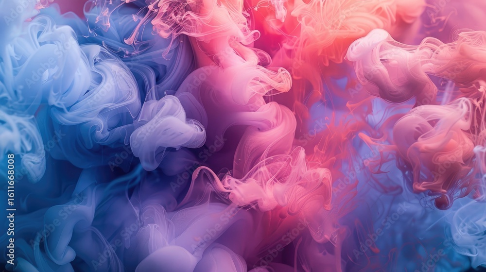 Obraz premium Abstract swirls of pastel blue, pink, and orange inks blend and diffuse in water, creating a mesmerizing, ethereal texture
