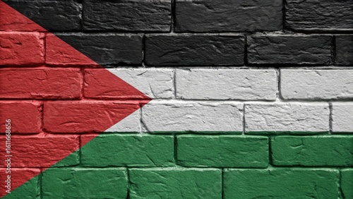 Palestinian flag painted on a textured brick wall, showcasing vibrant colors of red, black, white, and green.