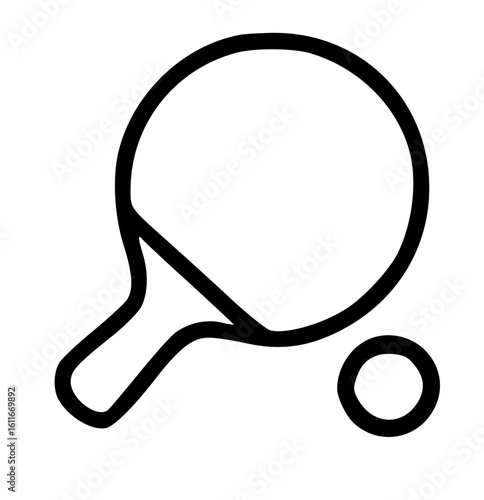 Simple black line drawing of a ping pong paddle and ball.
