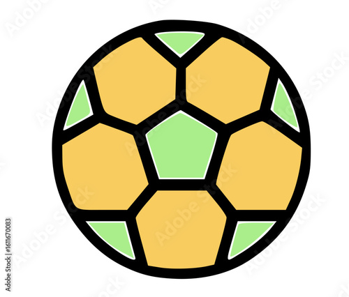 A vibrant illustration of a classic soccer ball, featuring orange and light green panels.