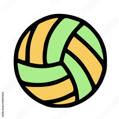 A vibrant illustration of a volleyball, featuring a stylized design with orange and green panels.