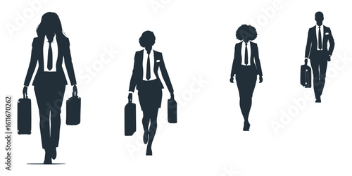 Diverse professionals business persons silhouette confidently stride forward carrying briefcases, embodying success and forward momentum in business endeavors generative ai