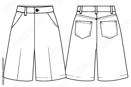 Detailed illustration of modern mens shorts design with belt, front and rear view, ideal for fashion collections and casual wear inspiration.
