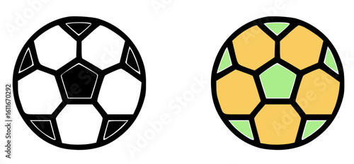 Two soccer balls, one in black and white, the other in color, side-by-side.