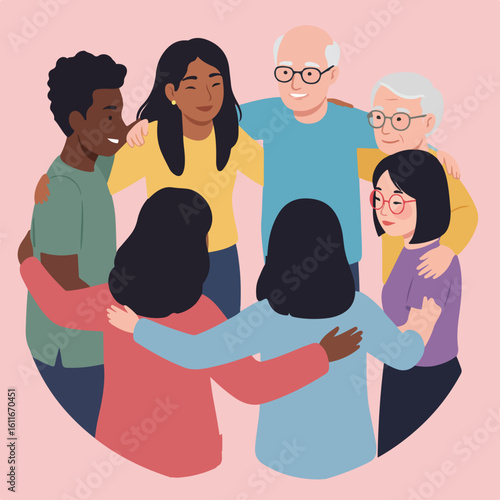 A diverse group of seven people stand in a circle, embracing each other with arms around shoulders on a pale pink background.