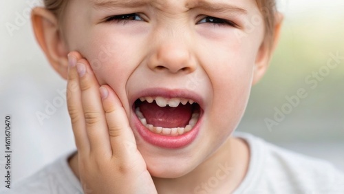 A child is expressing pain, holding their face with a pained expression likely due to a dental issue.