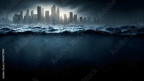 Fototapeta Naklejka Na Ścianę i Meble -  City submerged beneath turbulent water.