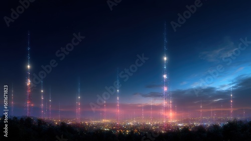 Futuristic City Skyline with Towering Lights Against Twilight Sky