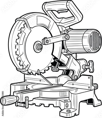 Detailed black and white illustration of a powerful professional miter saw tool