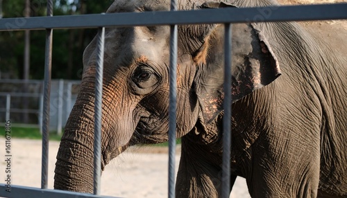 Sad elephant behind metal fence